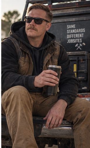 Bill Bleil sitting on a truck tailgate with a coffee, beside lettering reading Same Standards Different Jobsites